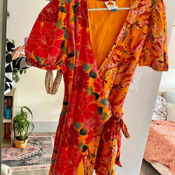 FARM RIO GORGEOUS MARBELLA COTTON WRAP MINI DRESS ORANGE/YELLOW MINT COND SZ M - Picture 7 of 8